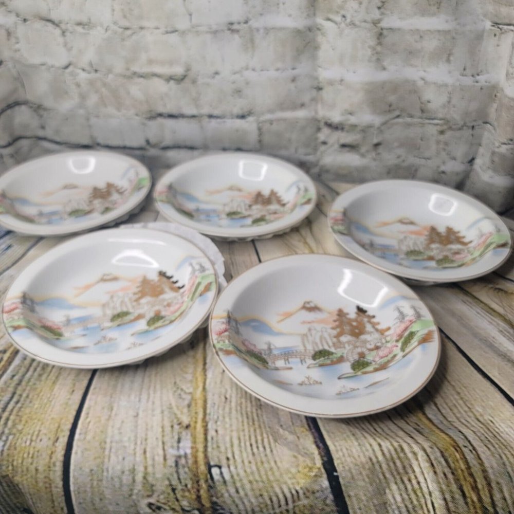 5 Kutani China Hand Painted Made Japan Waterwheel Gold Soup Bowls Mt Fuji 7.75"